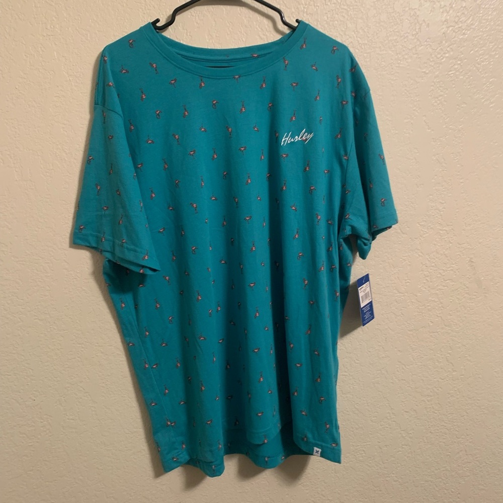 HURLEY MENS XL BLUE SHORT SLEEVE SHIRT PINK FLAMINGO LOGO‎ EMBROIDERED NEW TAG